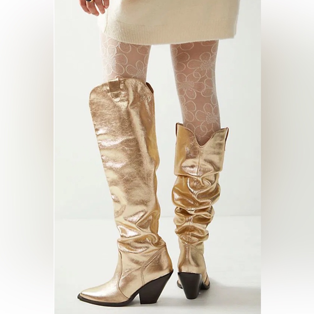 New in Box FREE PEOPLE Triple Crown Over-The-Knee Gold Boots - Picture 5 of 10